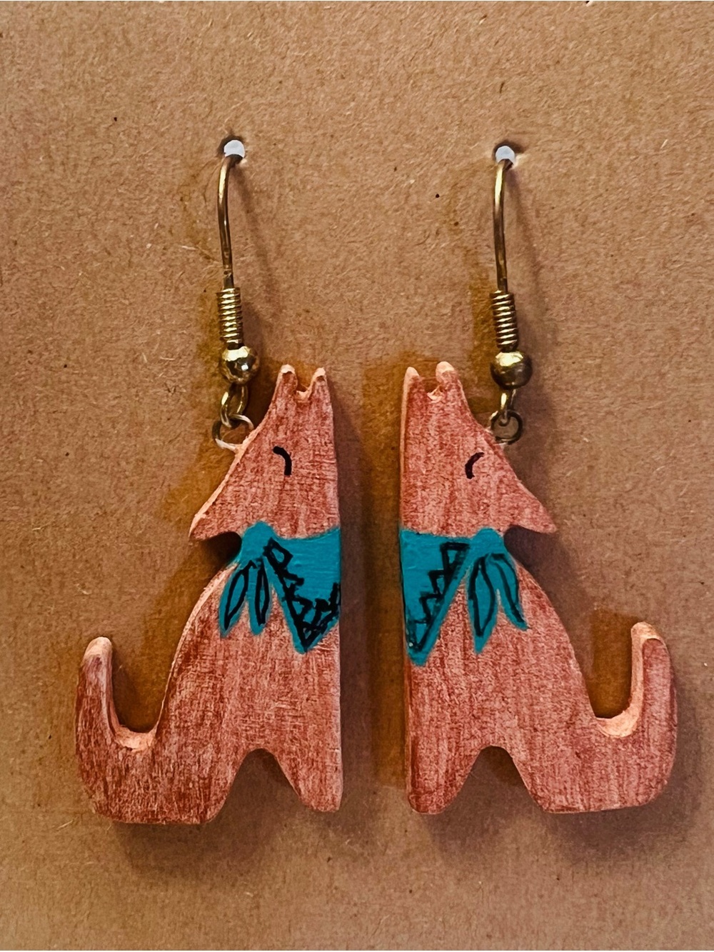 Vintage Handmade Hand-Painted Wooden Coyote Earrings